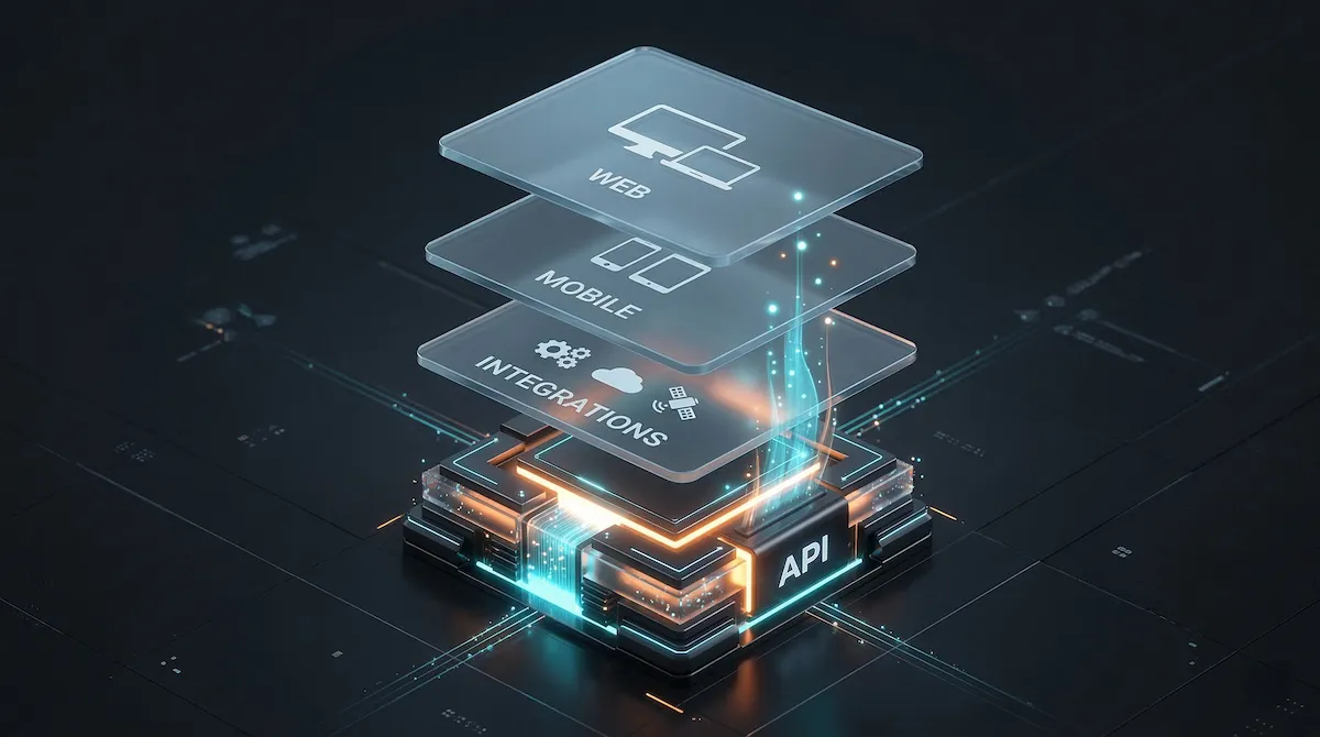 Architecture diagram showing the API as a central layer serving multiple clients: web, mobile, integrations