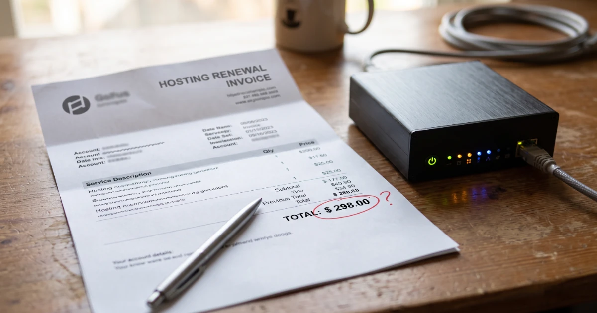 Hosting invoice on a desk next to a running server