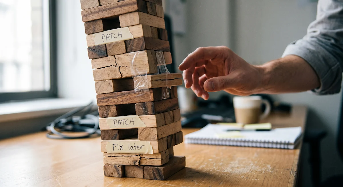 An unstable Jenga tower with cracked blocks, representing the accumulation of technical debt.